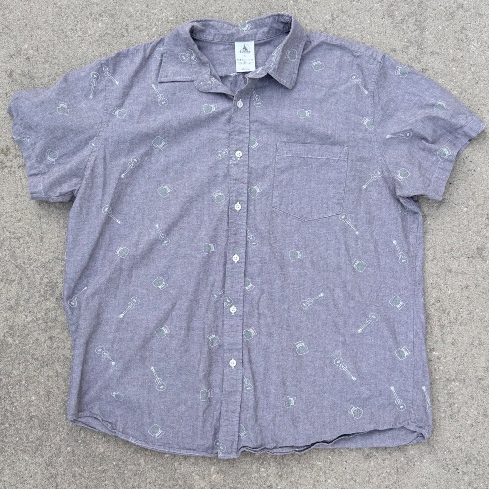 Disney Pixar Coco Mens XL Gray Short Sleeve Button Down Sugar Skull Guitar Shirt